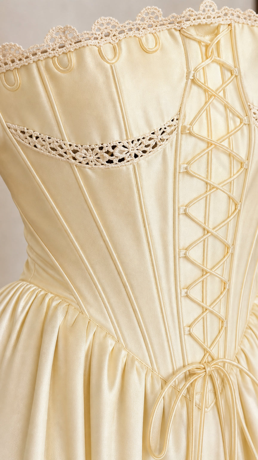Close-up of lace trim and corset lacing on yellow dress
