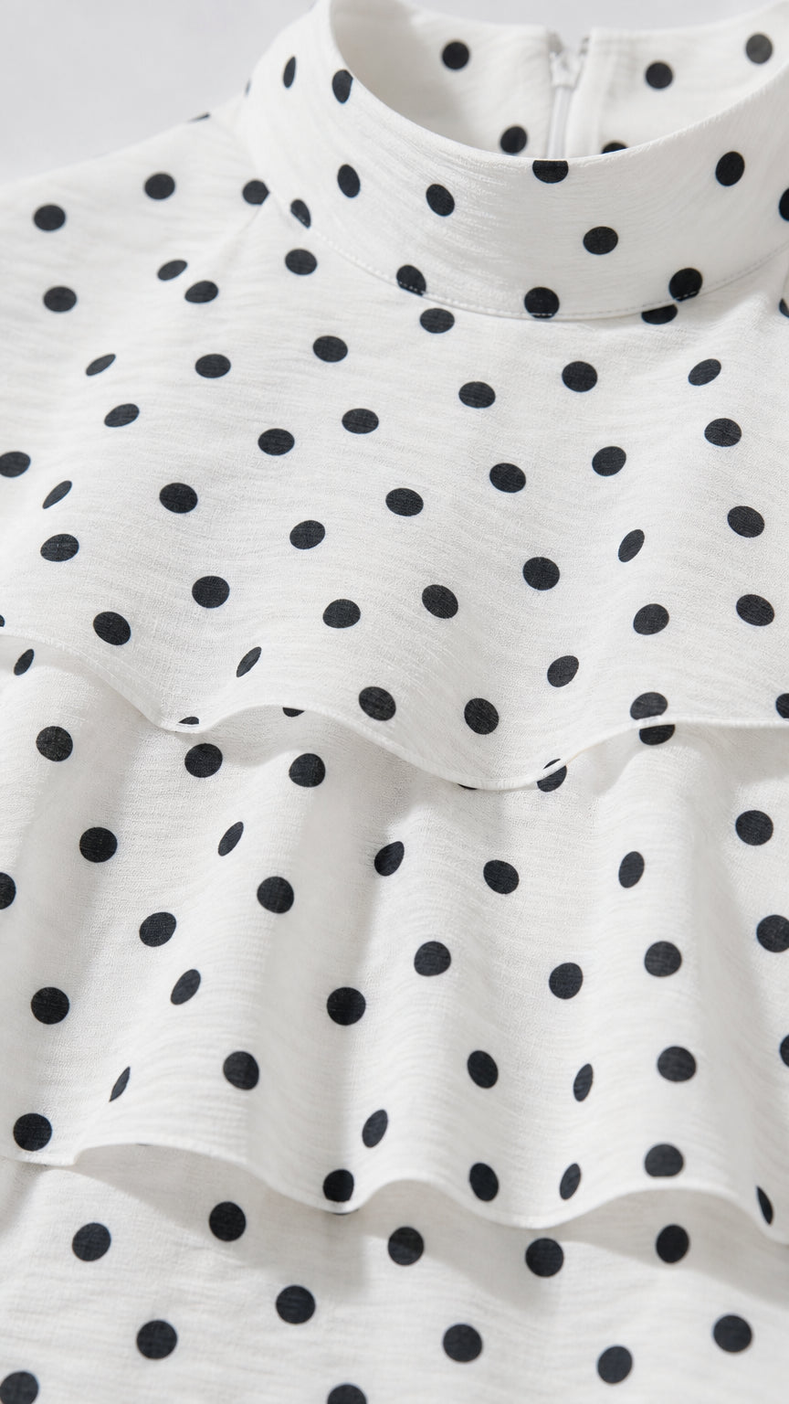 Close-up detail of high neckline and polka dot ruffle tiers