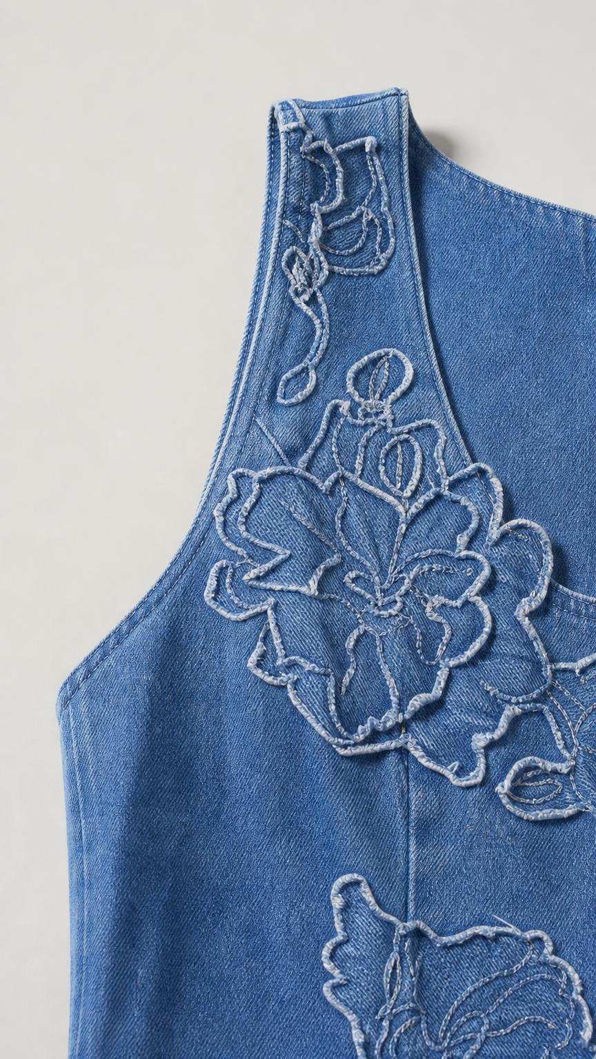 Close-up detail of floral applique on blue dress bodice