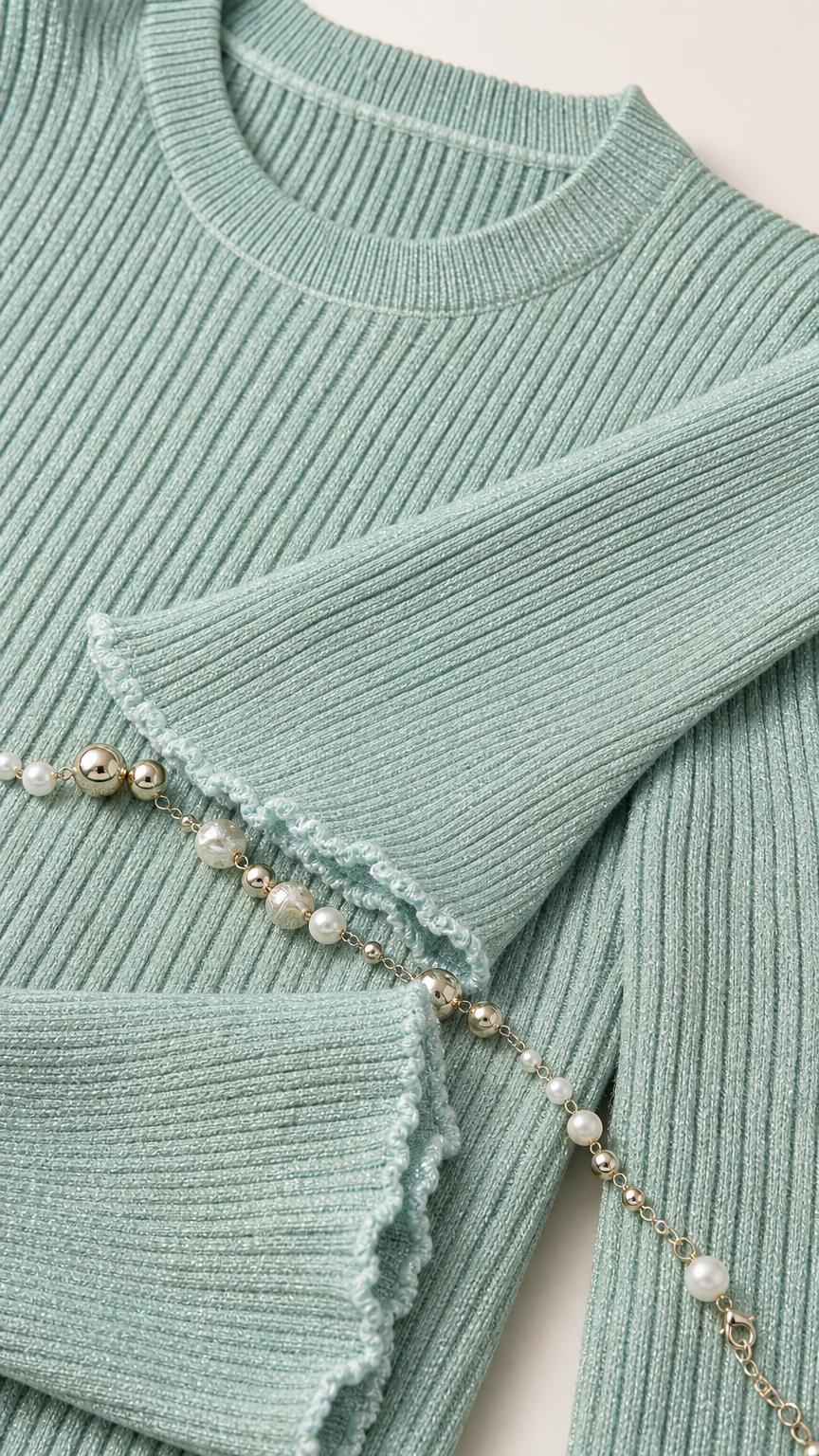 Close-up detail of mint green knit texture and pearl belt
