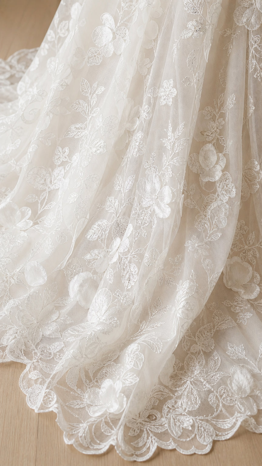 Close-up of floral embroidery texture and hemline