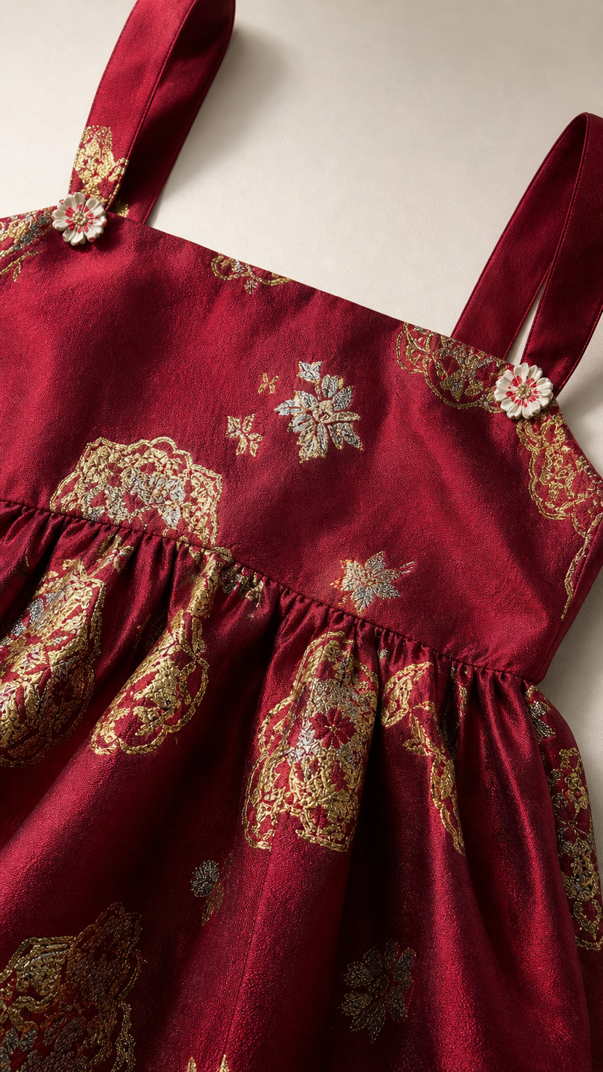 Close-up of red dress bodice, straps, and floral brocade detail