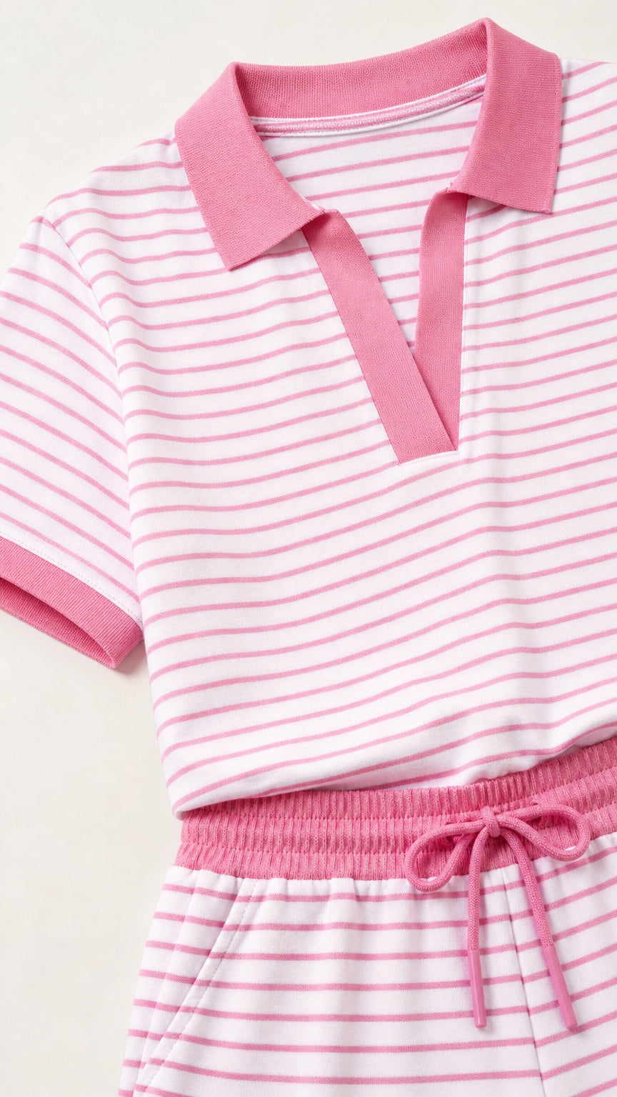 Close-up detail of polo collar and drawstring waist on pink striped dress