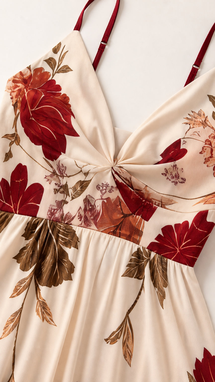 Close-up detail of V-neckline and twist front on white floral dress