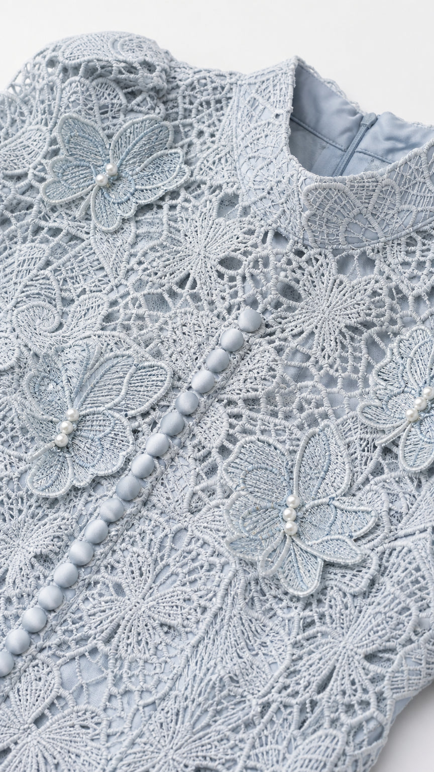 Close-up of lace bodice, high neck, and button details