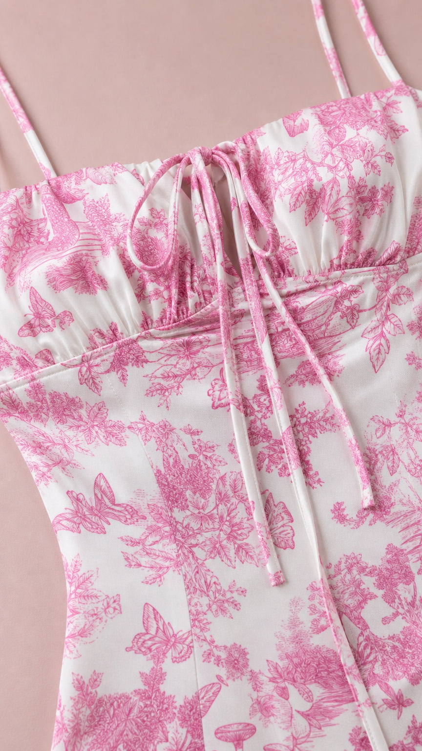 Close-up detail of bodice and tie-front neckline