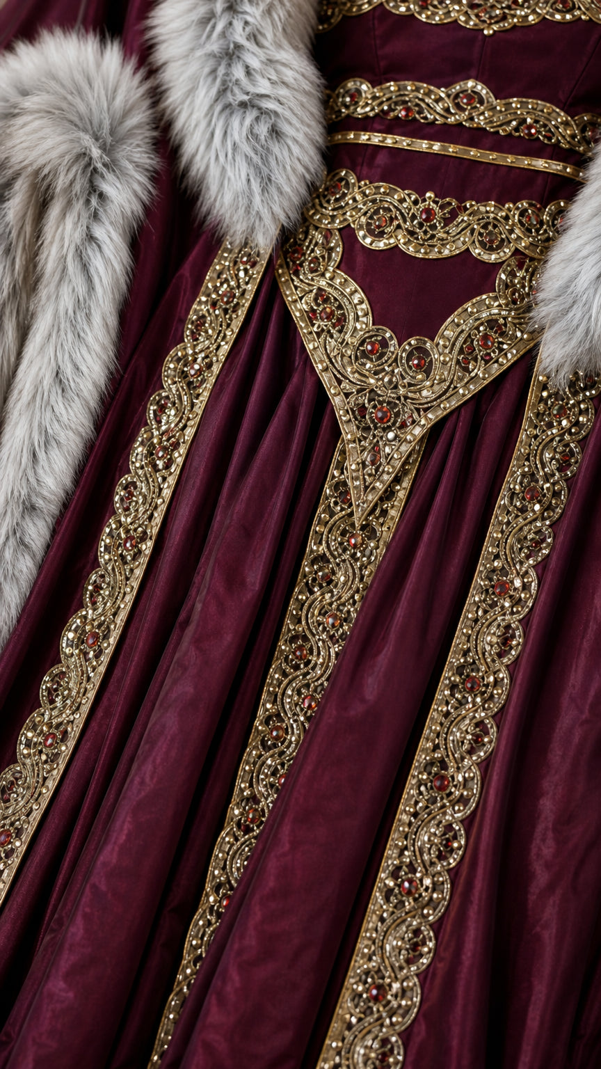 Close-up detail of gold embroidery and faux fur trim on the burgundy gown