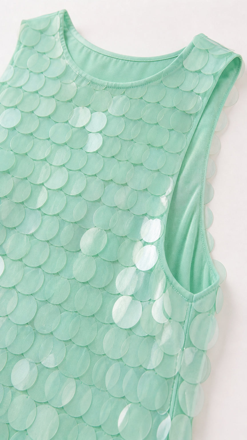 Close-up detail of mint disc sequins and round neckline