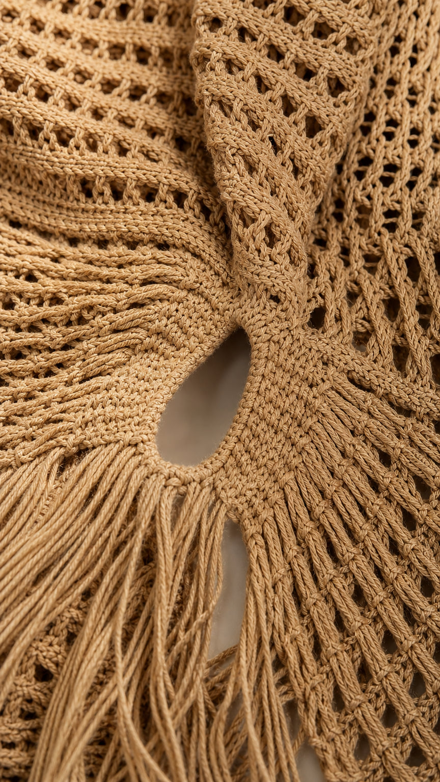 Close-up of beige crochet knit texture and fringe hem detail