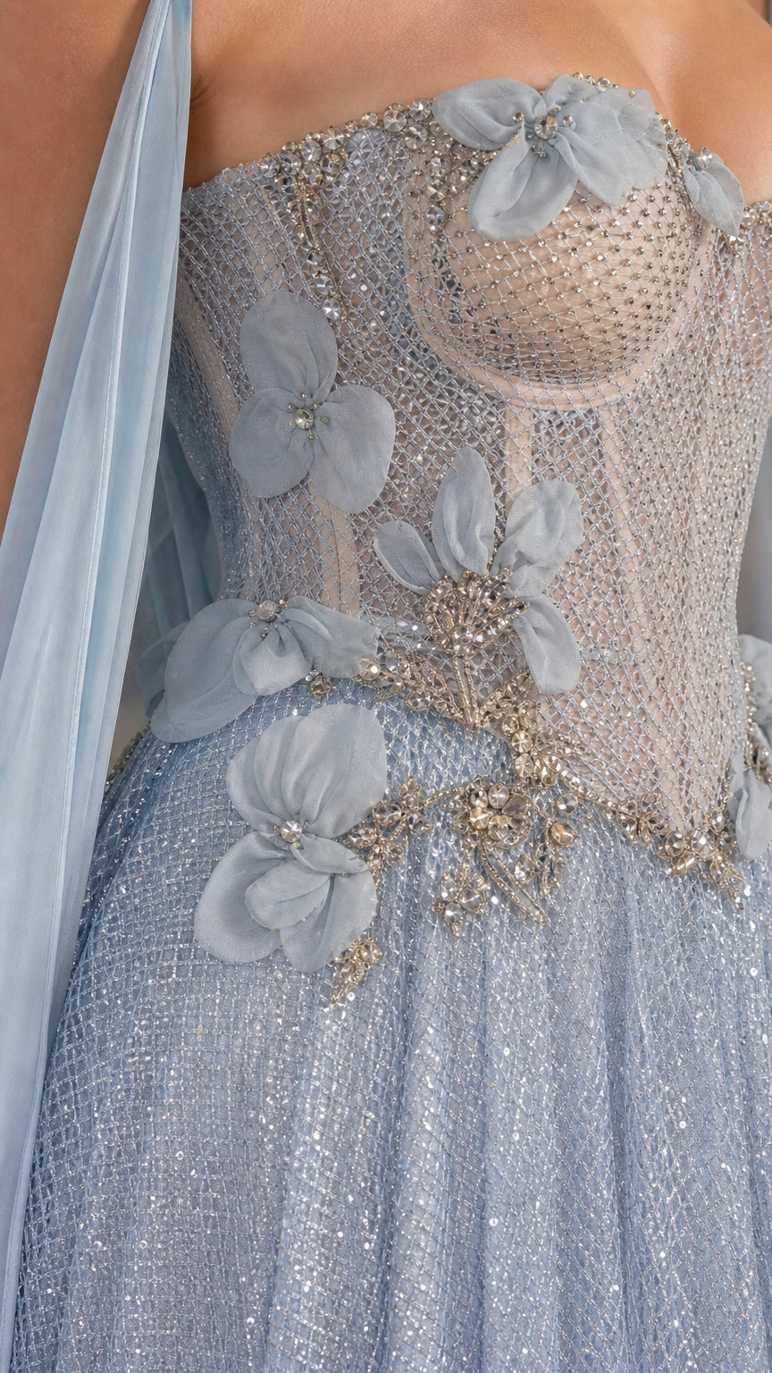 Close up of floral beadwork and sweetheart corset on light blue gown