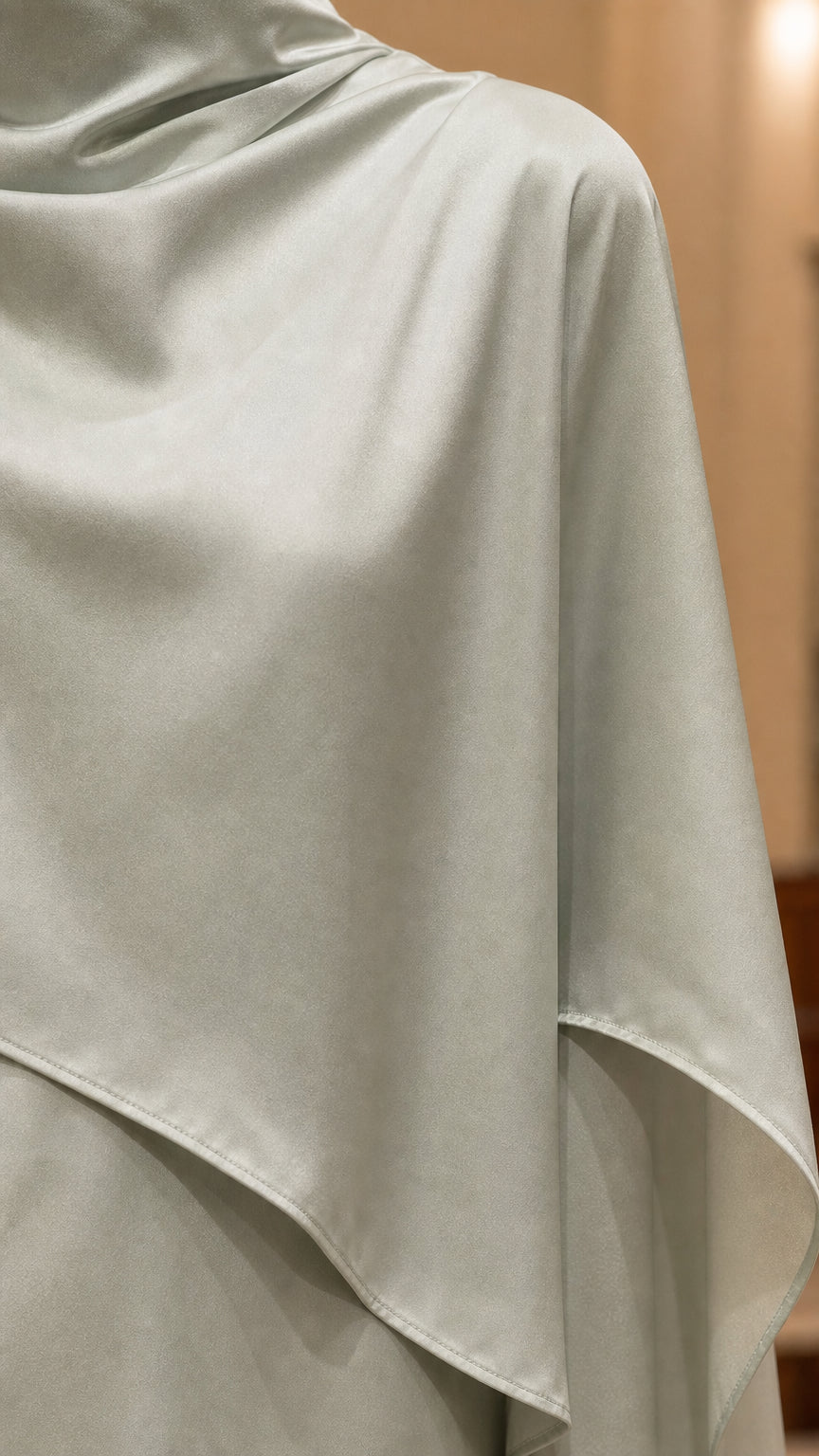 Close-up of satin-look sage green fabric and cape hem