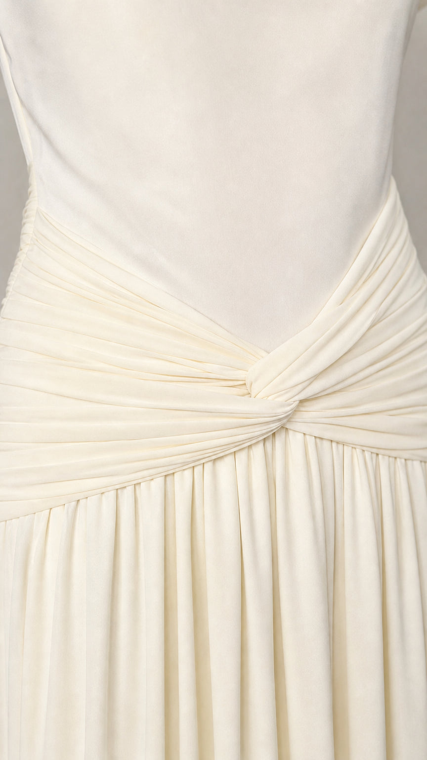 Close-up detail of twisted waist and bodice on Ivory dress