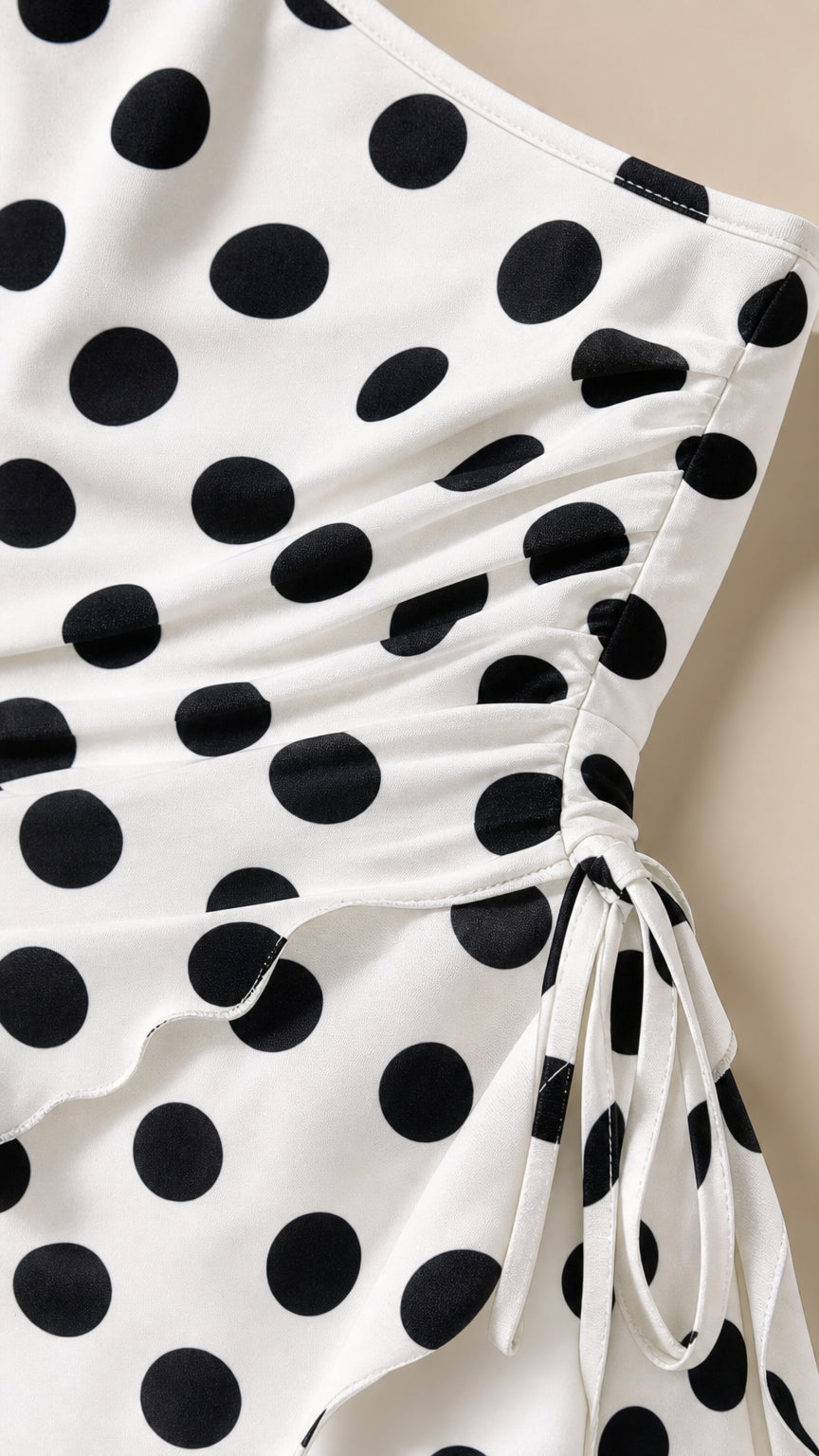 Close-up detail of side ruching and tie on polka dot dress