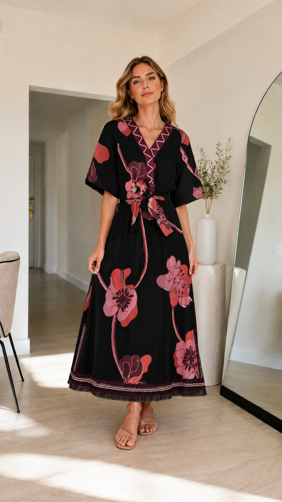 Front view of black floral belted maxi dress with kimono sleeves