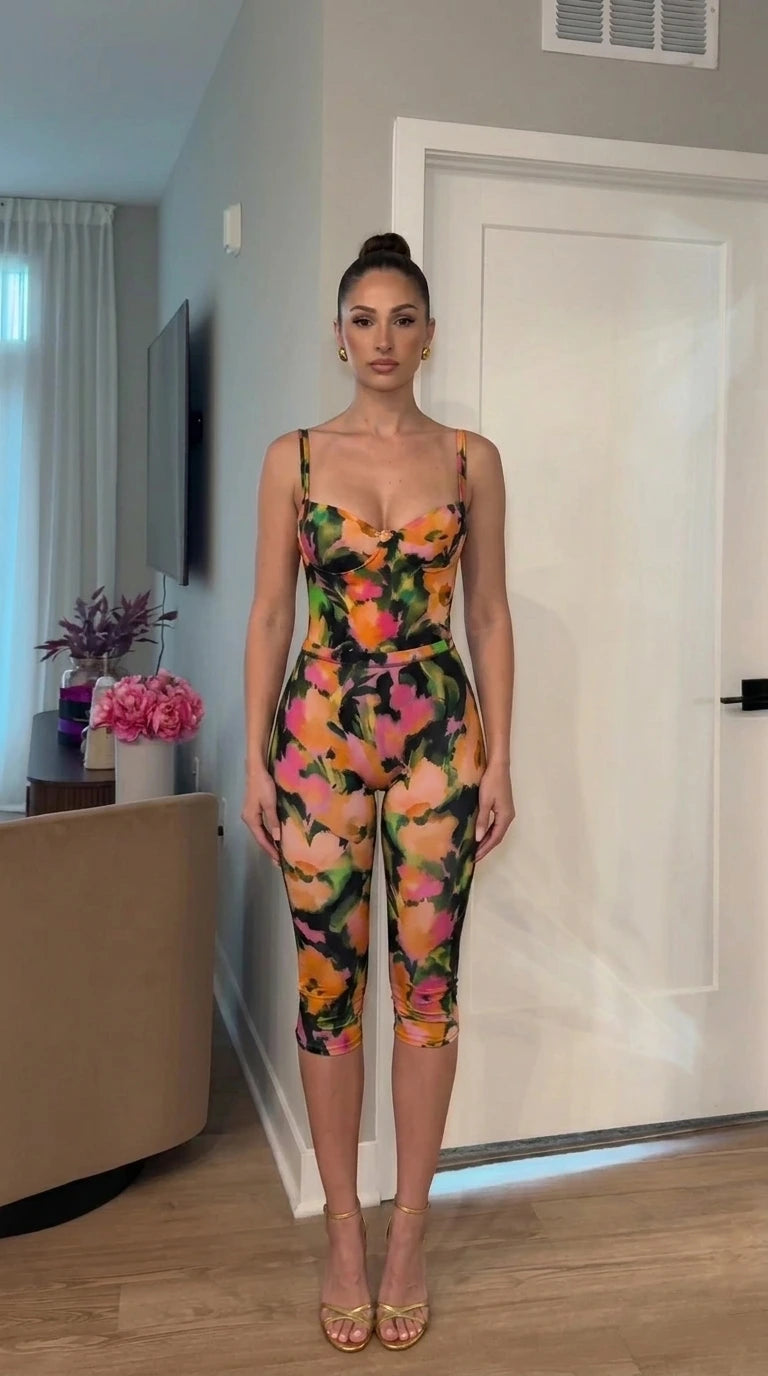 Full front view of multi floral jumpsuit