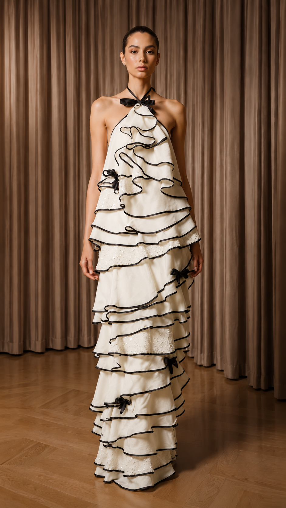 Front view of ivory ruffled halter maxi evening dress with contrast trim