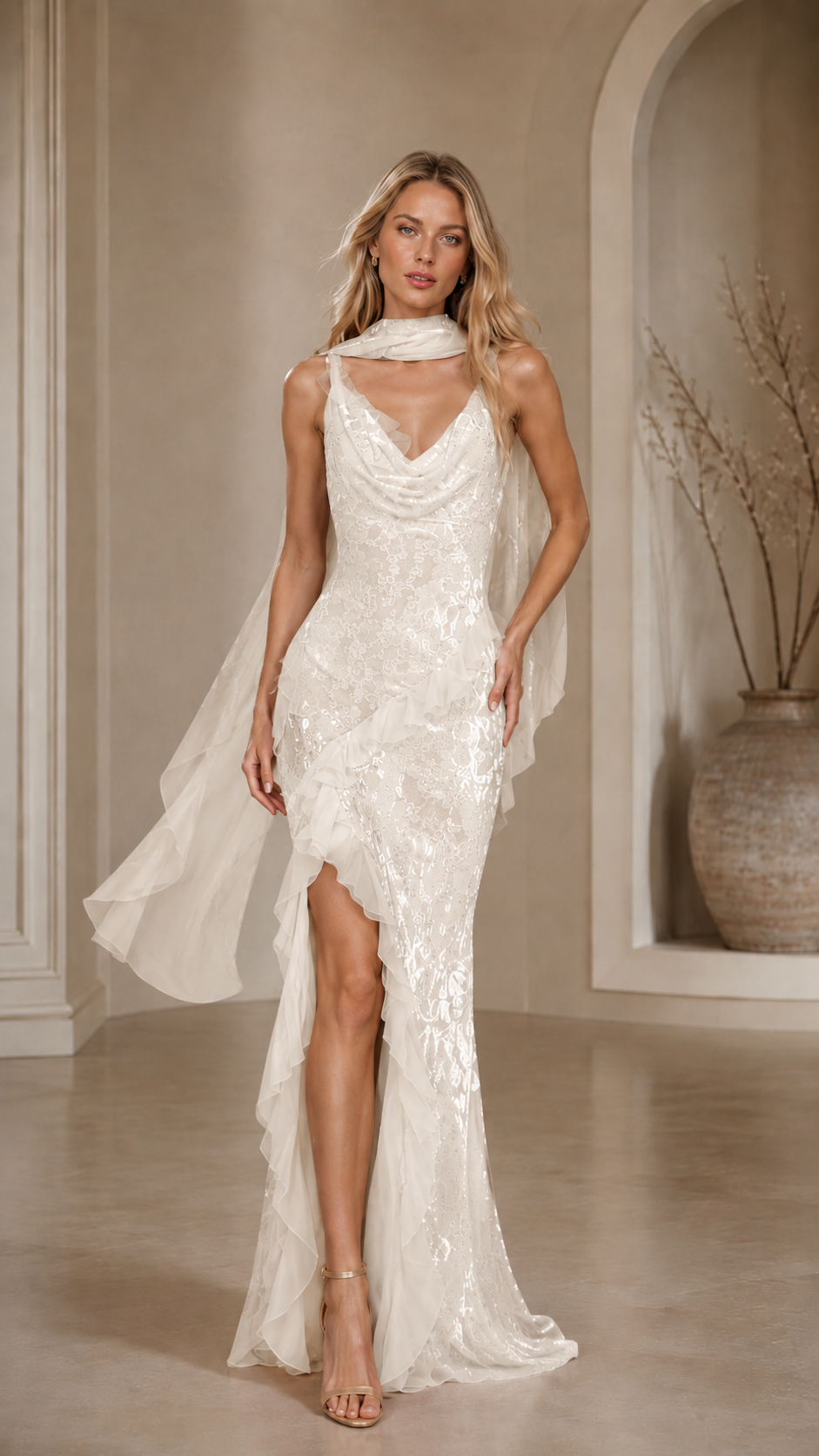 Ivory sequin formal gown with cowl neckline, front slit, and scarf drape