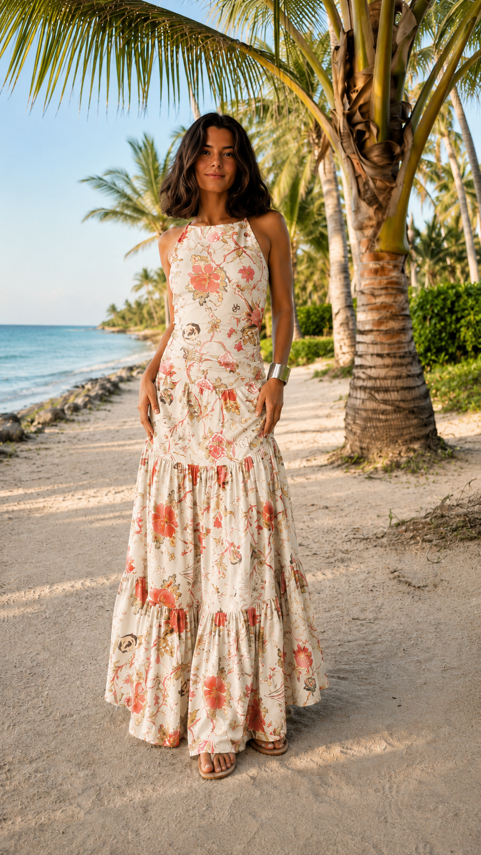 Front view of ivory floral tiered maxi dress with sleeveless silhouette