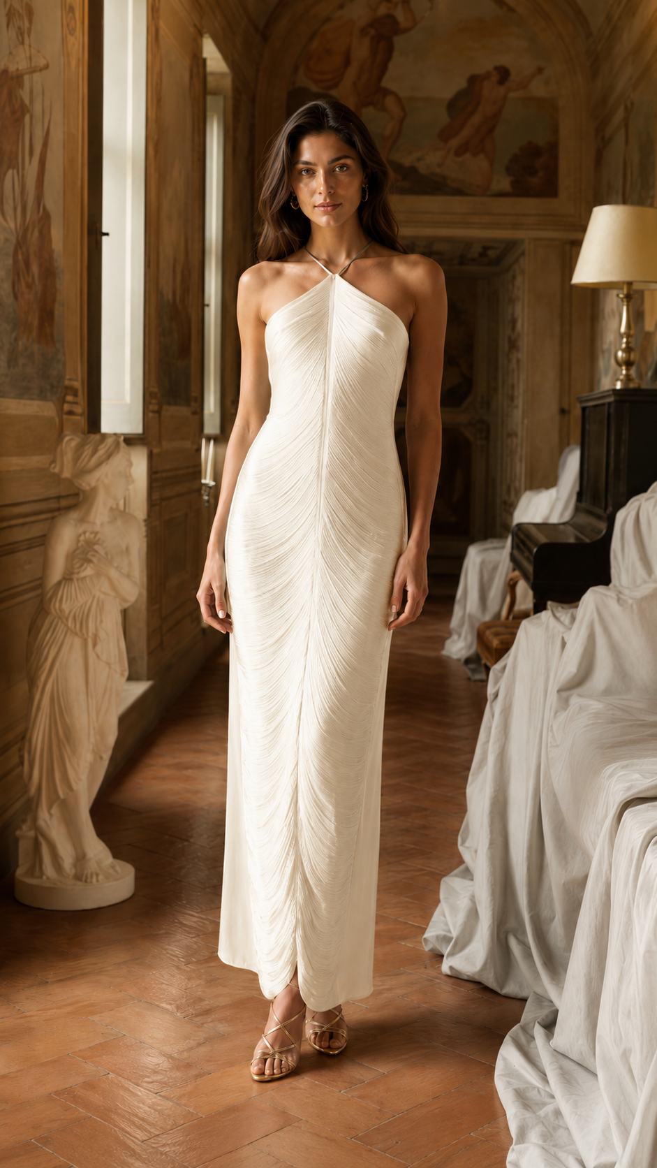 Front view of ivory pleated halter maxi dress