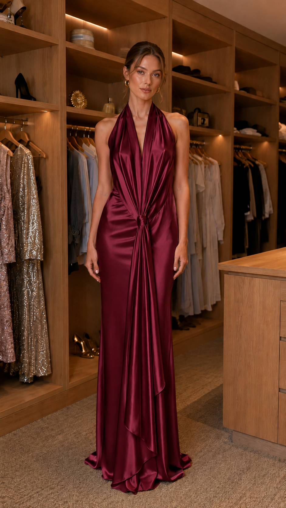 Front view of burgundy satin-look halter evening gown with front knot and glossy finish