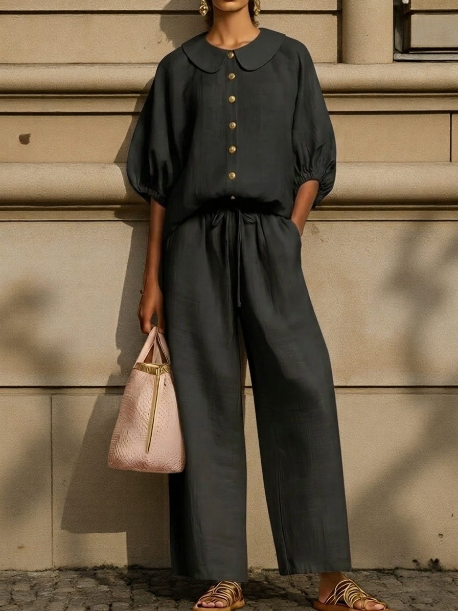 New Arrivals🔥Stylish Peter Pan Collar Shirt And Wide-leg Pant Linen Two-piece Set Plus Size Friendly