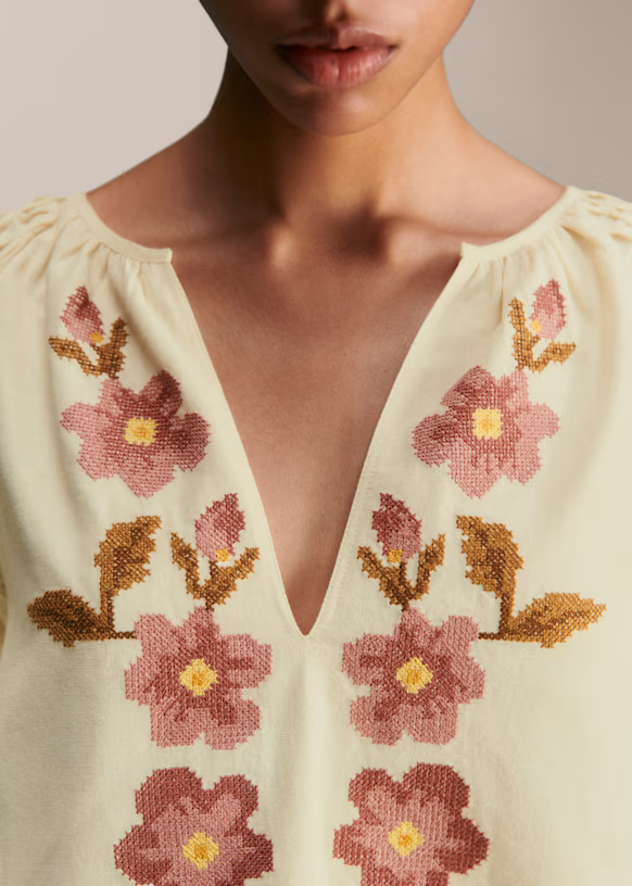 Ecru with Contrasting Flower Embroidery