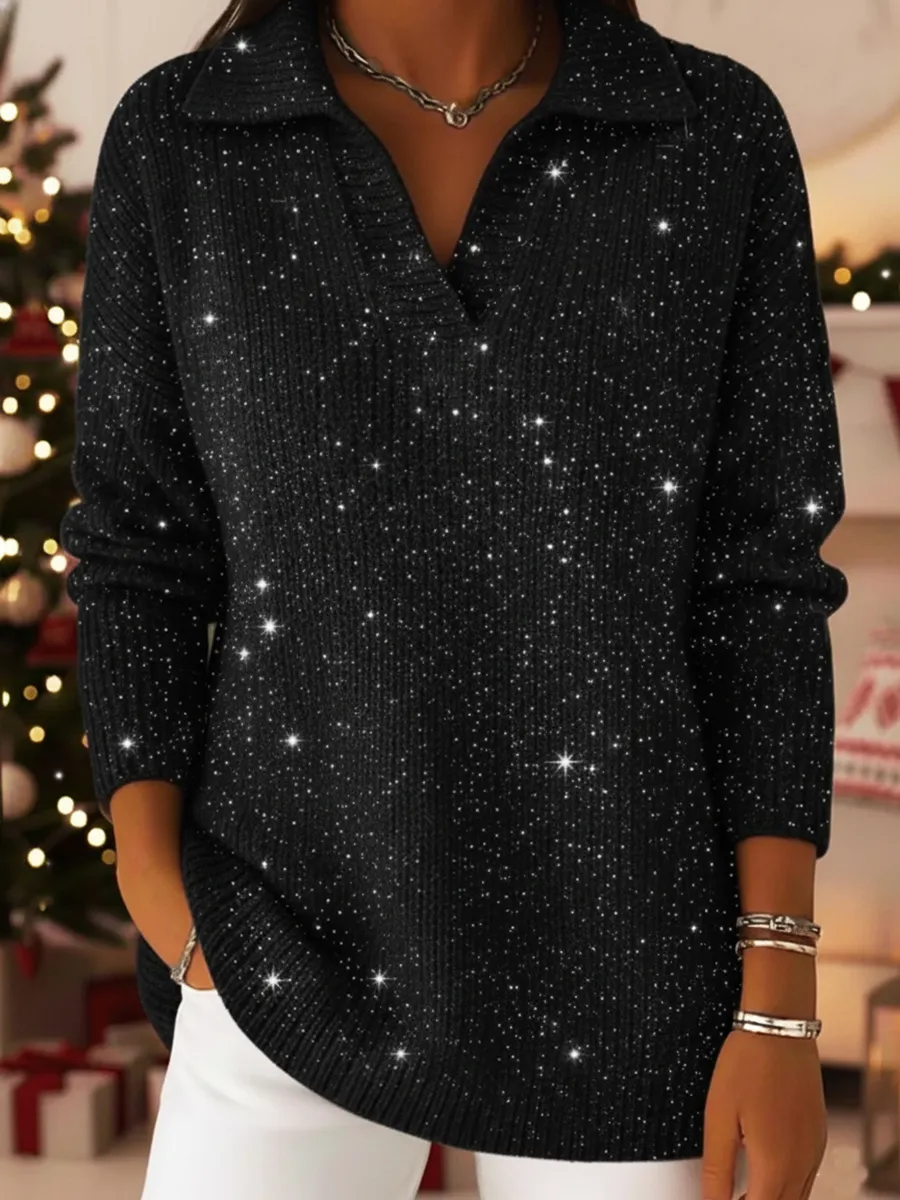 Clearance Sale🔥 Elegant Polo Collar Shiny Loose Sweater Top