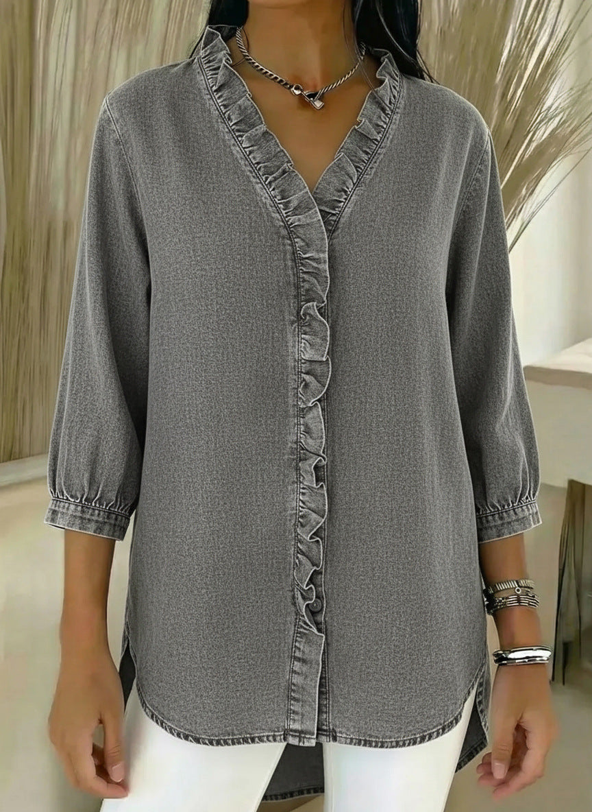 Women's Casual Denim V-Neck Ruffled Shirt