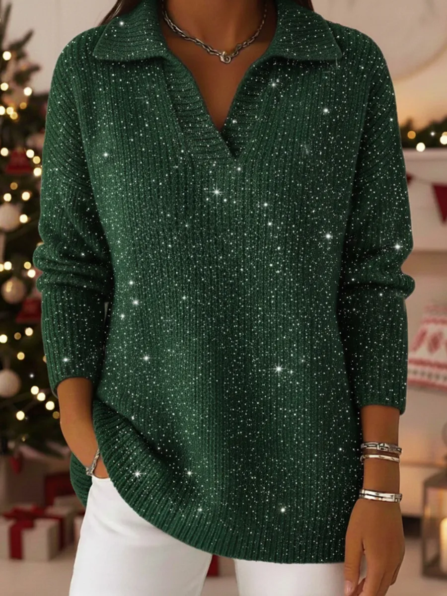 Clearance Sale🔥 Elegant Polo Collar Shiny Loose Sweater Top