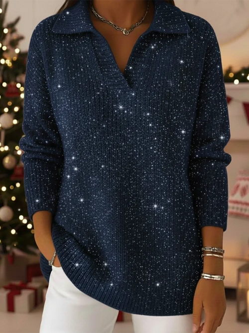 Clearance Sale🔥 Elegant Polo Collar Shiny Loose Sweater Top