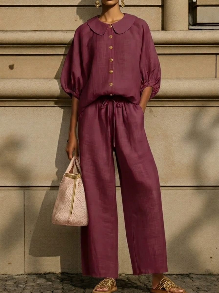 New Arrivals🔥Stylish Peter Pan Collar Shirt And Wide-leg Pant Linen Two-piece Set Plus Size Friendly