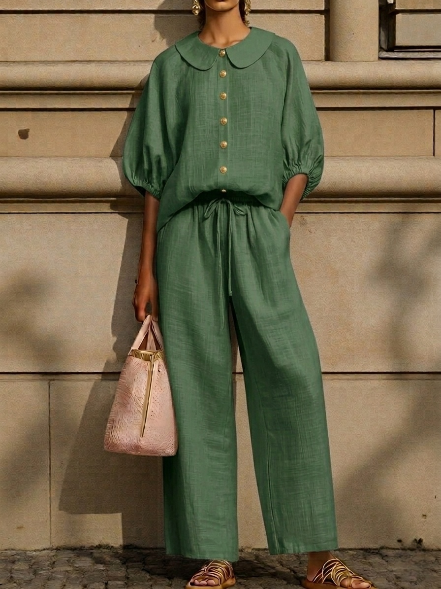 New Arrivals🔥Stylish Peter Pan Collar Shirt And Wide-leg Pant Linen Two-piece Set Plus Size Friendly
