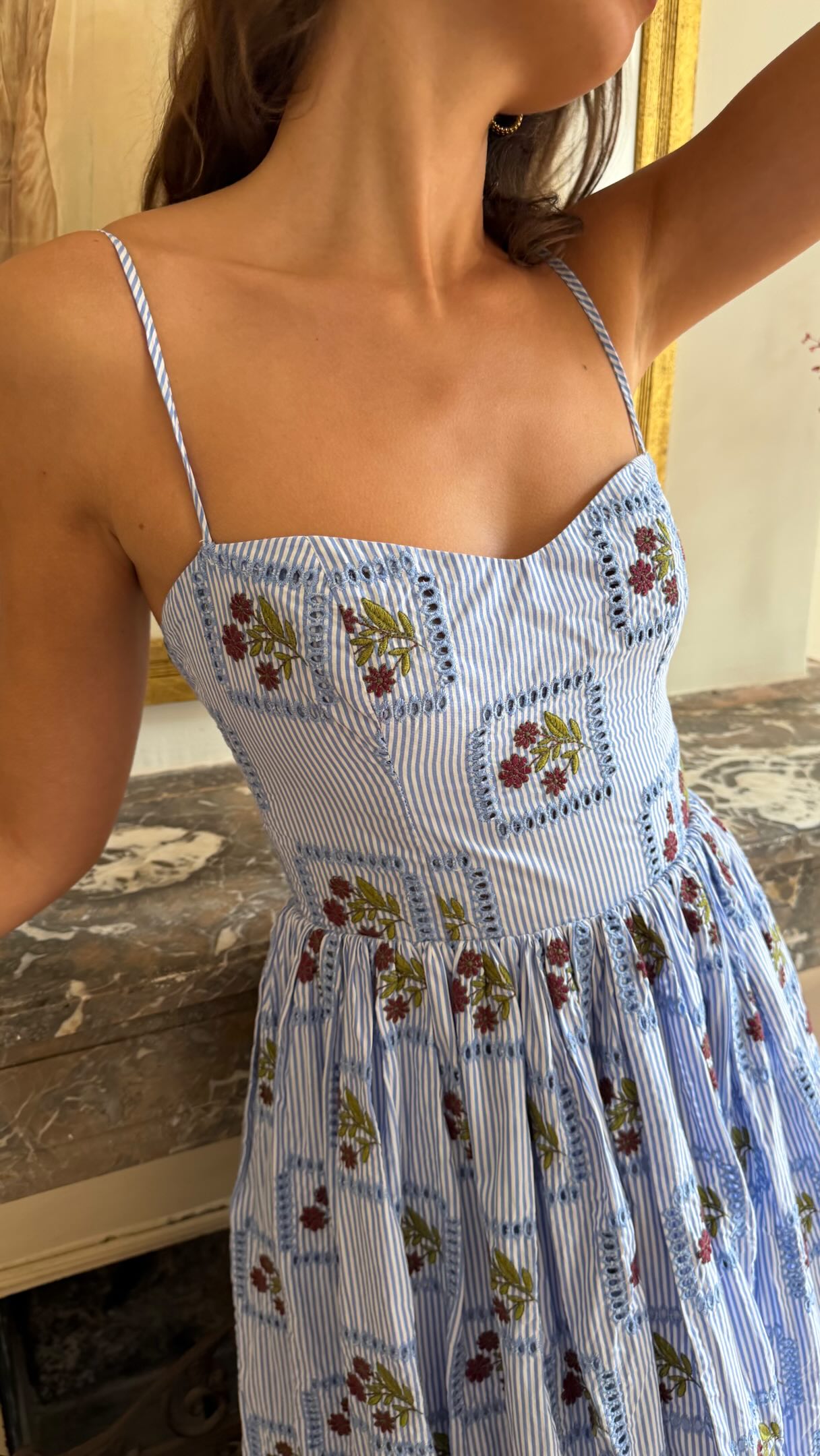 Blue and White Striped Floral Embroidered Midi Dress