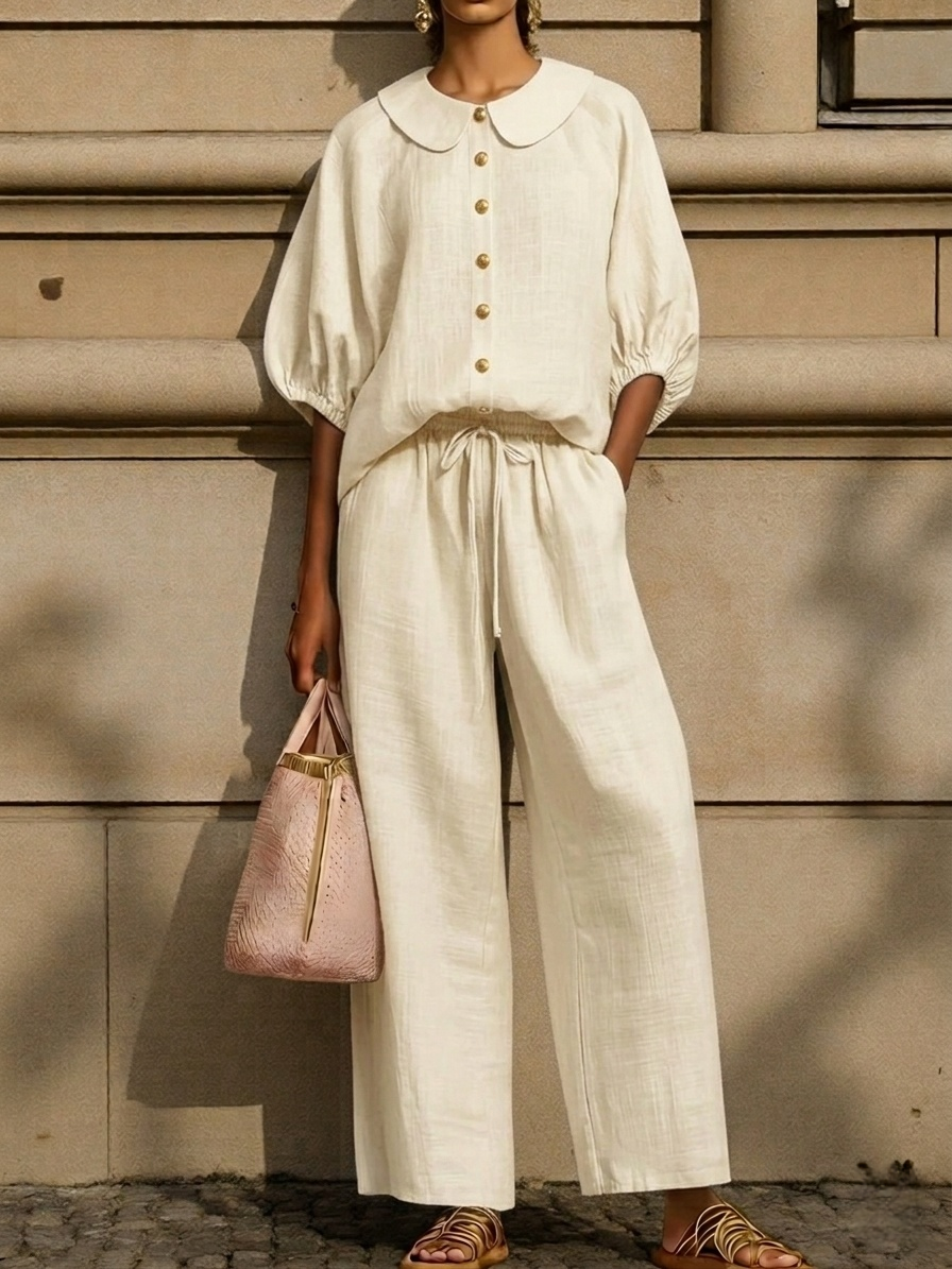 New Arrivals🔥Stylish Peter Pan Collar Shirt And Wide-leg Pant Linen Two-piece Set Plus Size Friendly