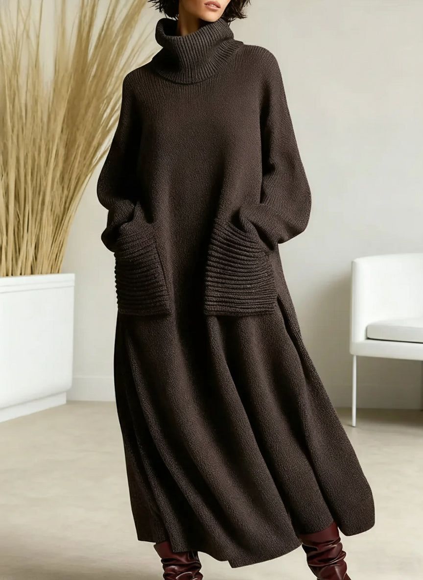 🎄 New Arrivals🔥 Women's Solid Color High-Neck Long-Sleeve Casual Loose Knit Dress
