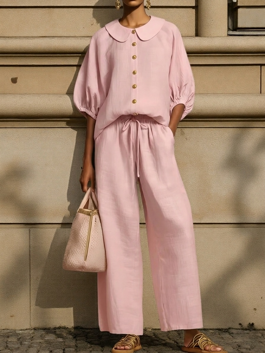 New Arrivals🔥Stylish Peter Pan Collar Shirt And Wide-leg Pant Linen Two-piece Set Plus Size Friendly