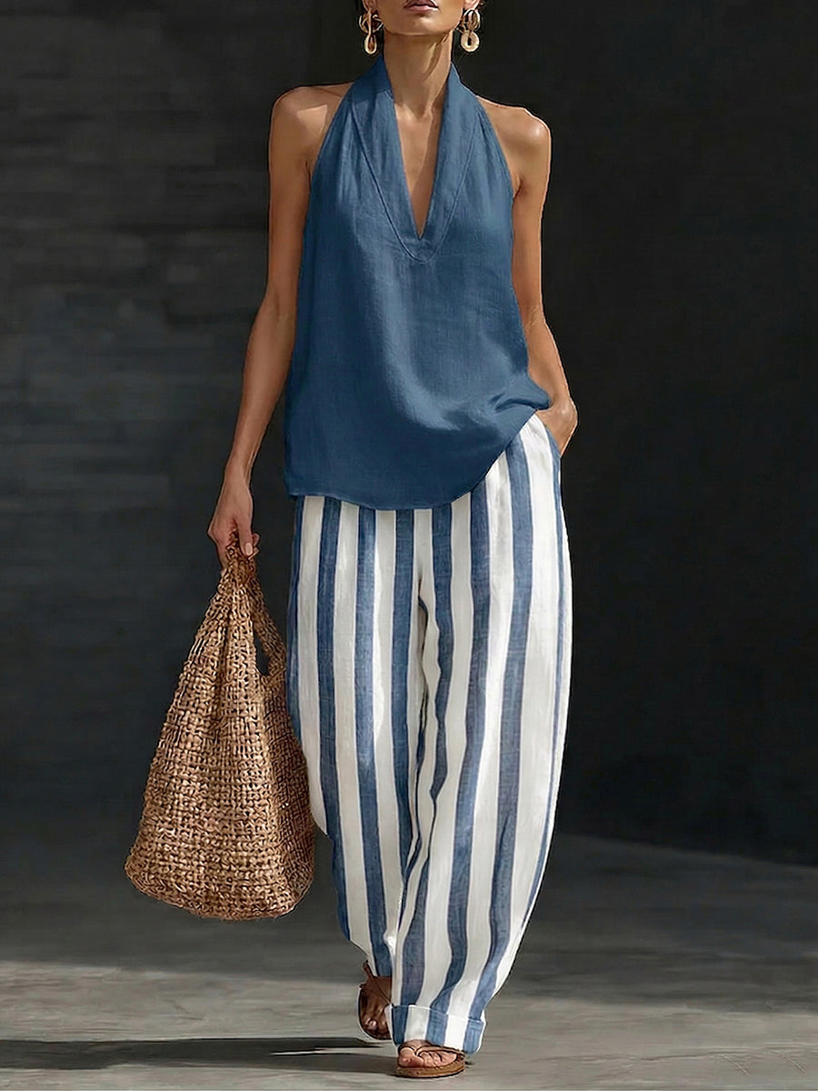 Plus Size Friendly Classic Cozy Striped Cotton-linen Two-piece Set